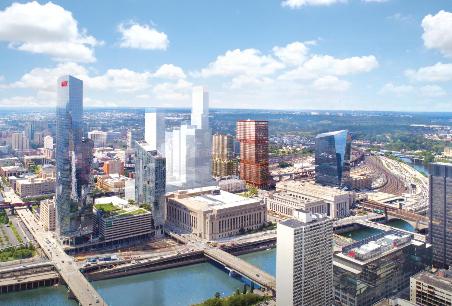 An aerial view of a city skyline with bright blue sky in the background.